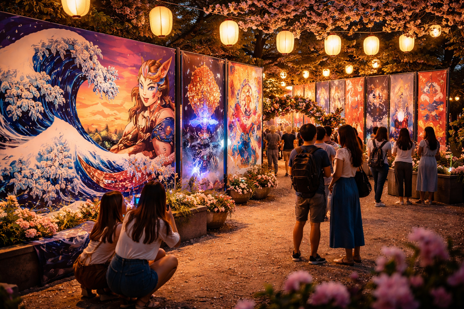 Décor japonais avec lanternes et ambiance festival nocturne