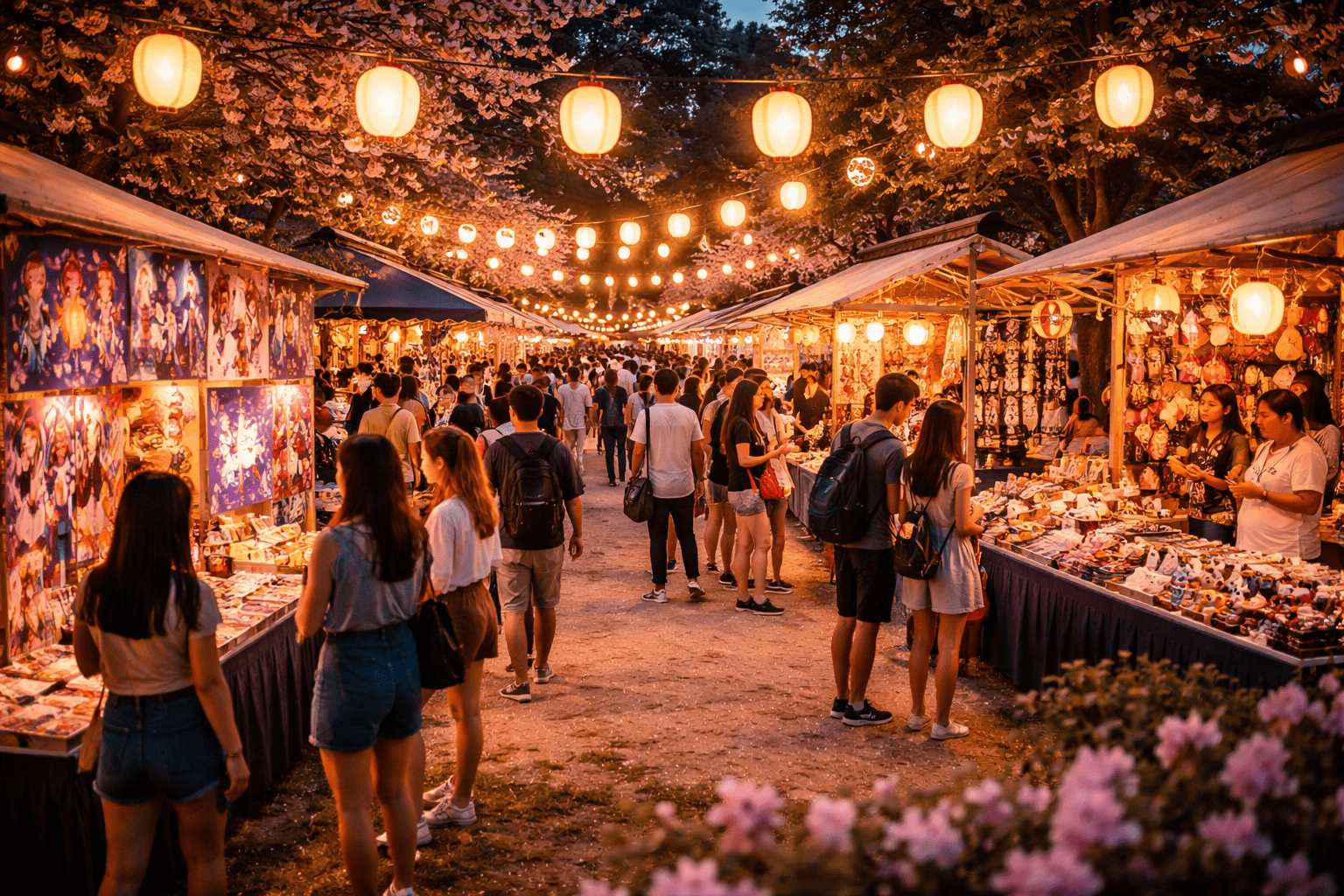 Stand de produits japonais avec lanternes et visiteurs – Festival Culture JAP