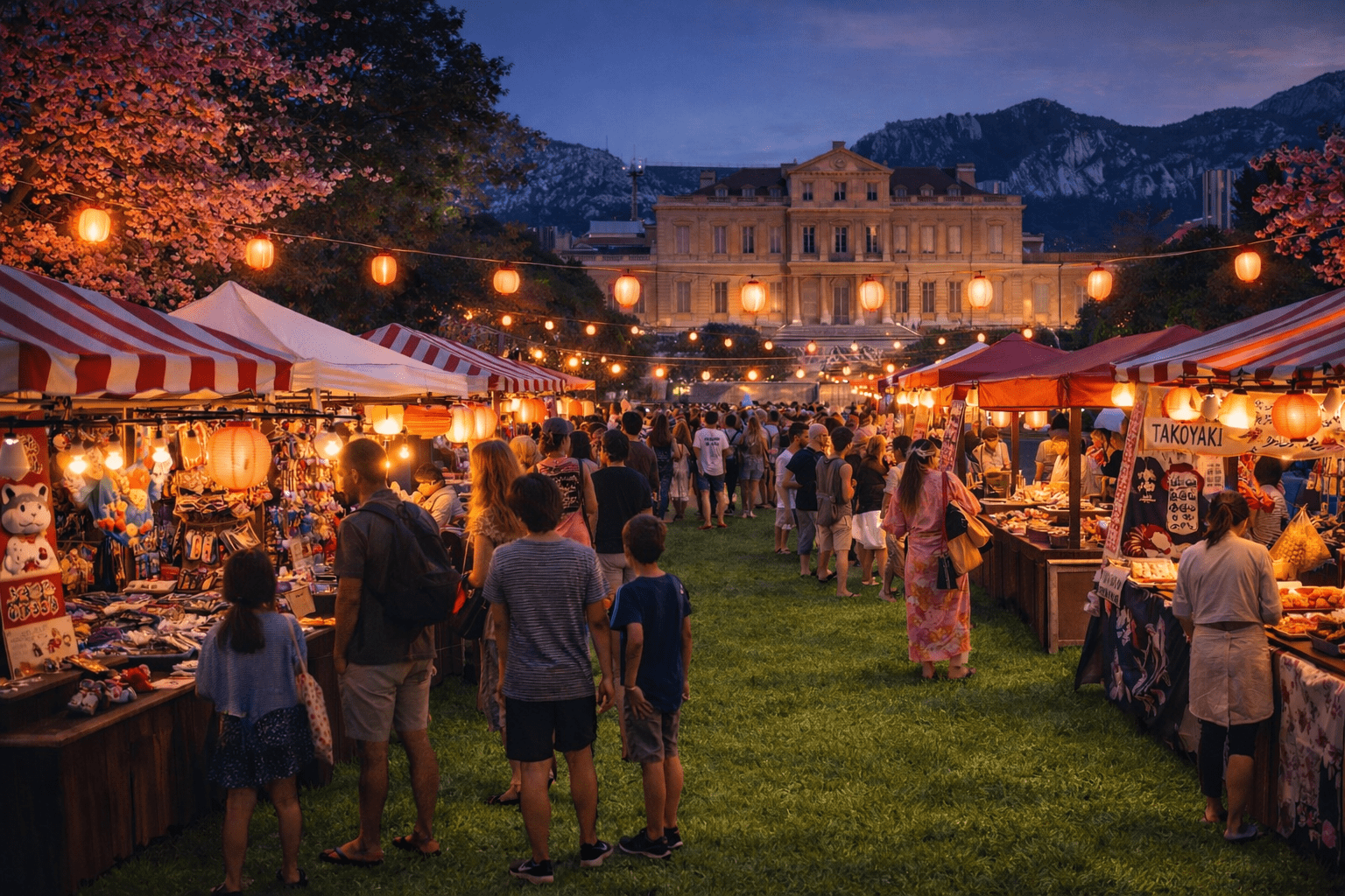 Stand de produits japonais avec lanternes et visiteurs – Festival Culture JAP